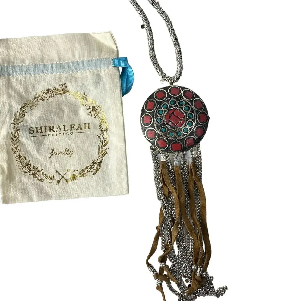 SHIRALEAH New Catrine Tribal Leather Necklace Silver Pink Turquoise Anthro